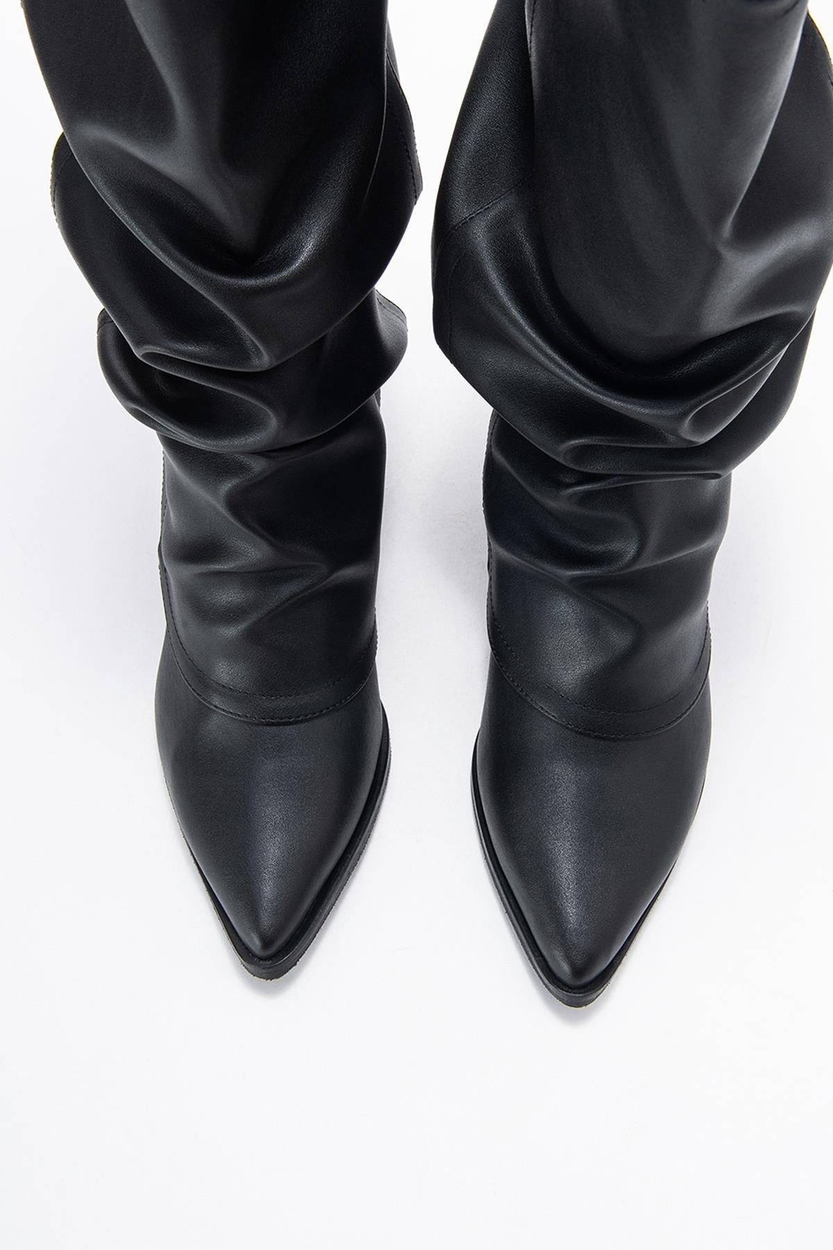 Elaris - Black Gusseted Block Heel Knee-High Boot – side view showing leather, black, red, Vowalisse