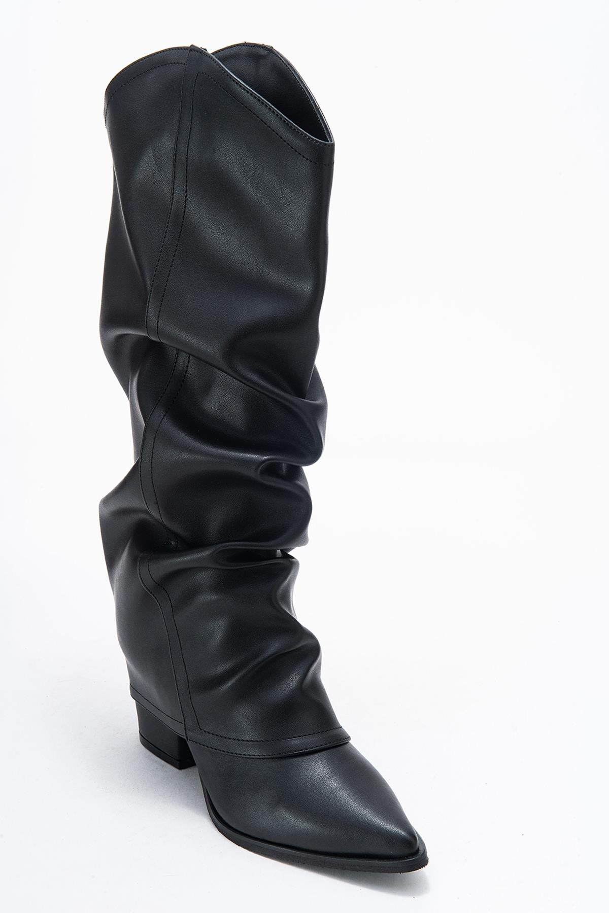 Elaris - Black Gusseted Block Heel Knee-High Boot – detail view showing leather, black, red, Vowalisse