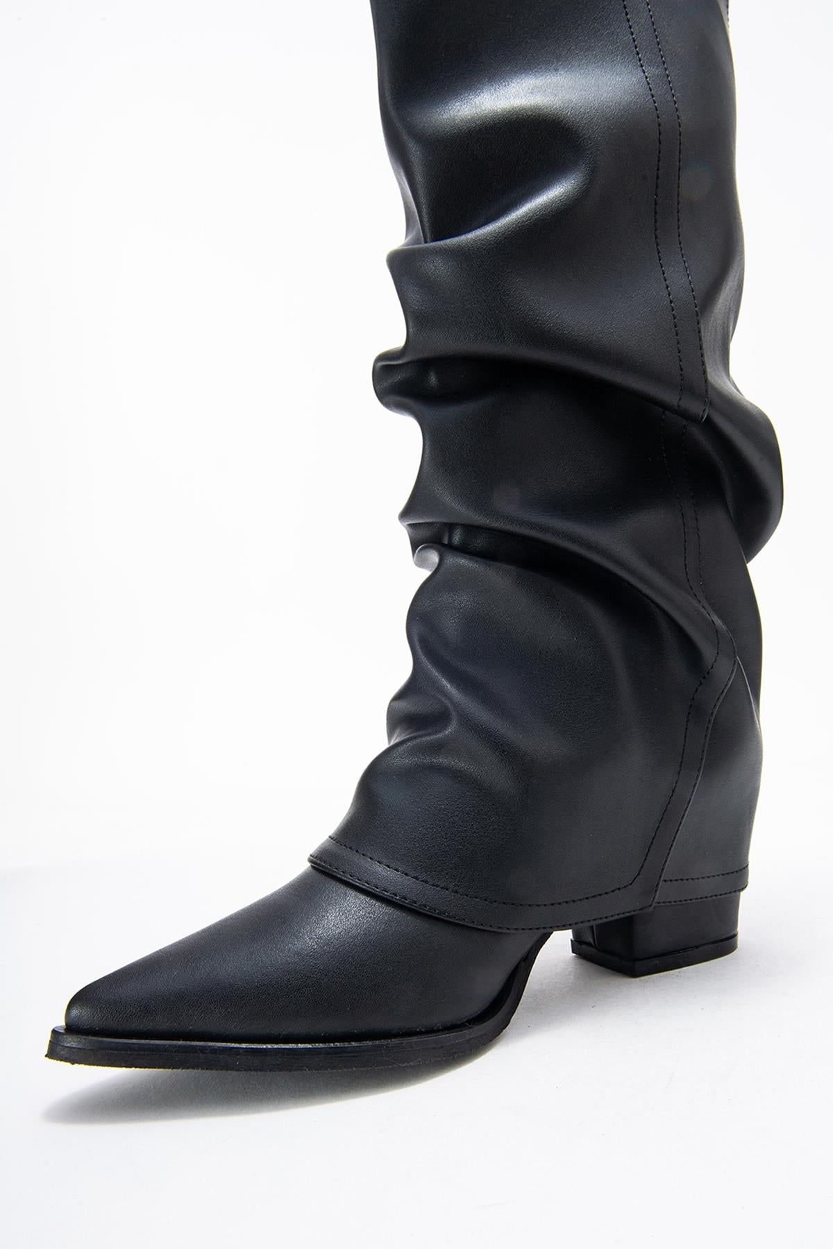Elaris - Black Gusseted Block Heel Knee-High Boot – heel view showing leather, black, red, Vowalisse