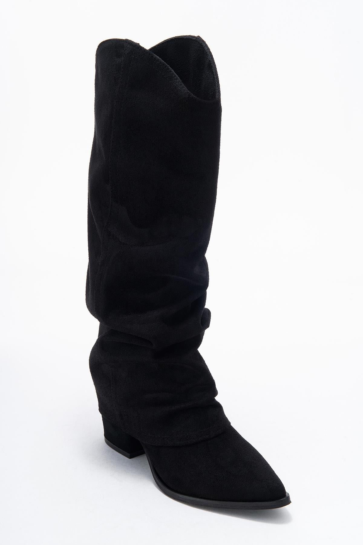 Elaris - Black Gusseted Block Heel Knee-High Boot – detail view showing suede, black, Vowalisse
