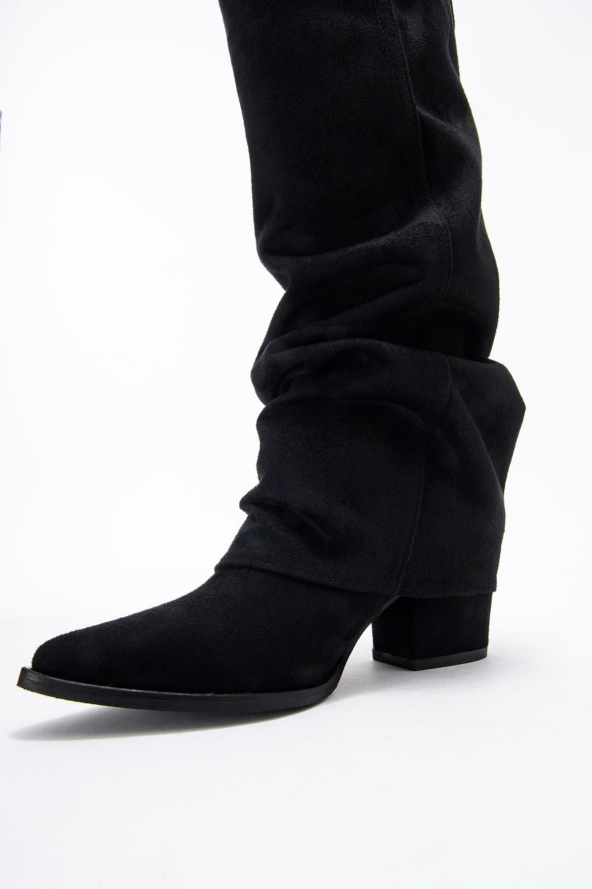 Elaris - Black Gusseted Block Heel Knee-High Boot – heel view showing suede, black, Vowalisse