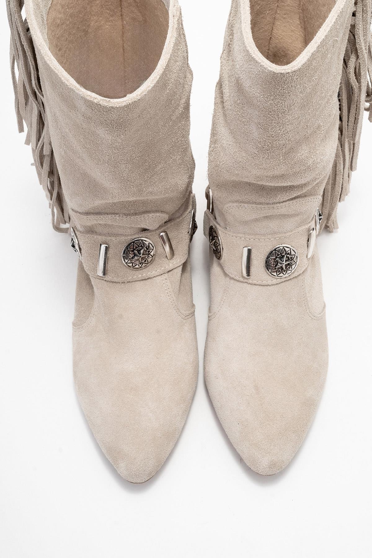 Selora - Beige Suede Genuine Leather Western Boot – side view showing leather, suede, Vowalisse