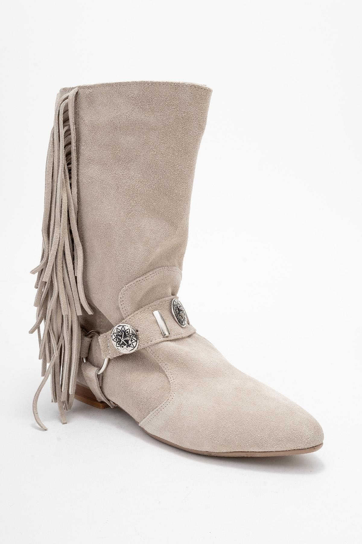 Selora - Beige Suede Genuine Leather Western Boot – detail view showing leather, suede, Vowalisse