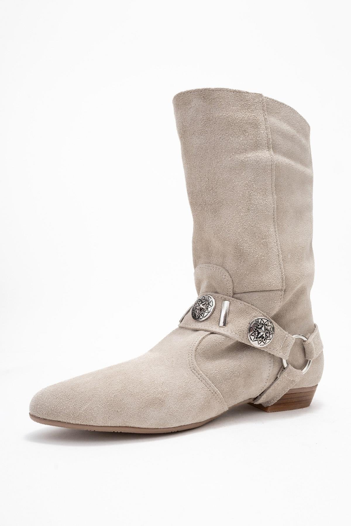 Selora - Beige Suede Genuine Leather Western Boot – heel view showing leather, suede, Vowalisse