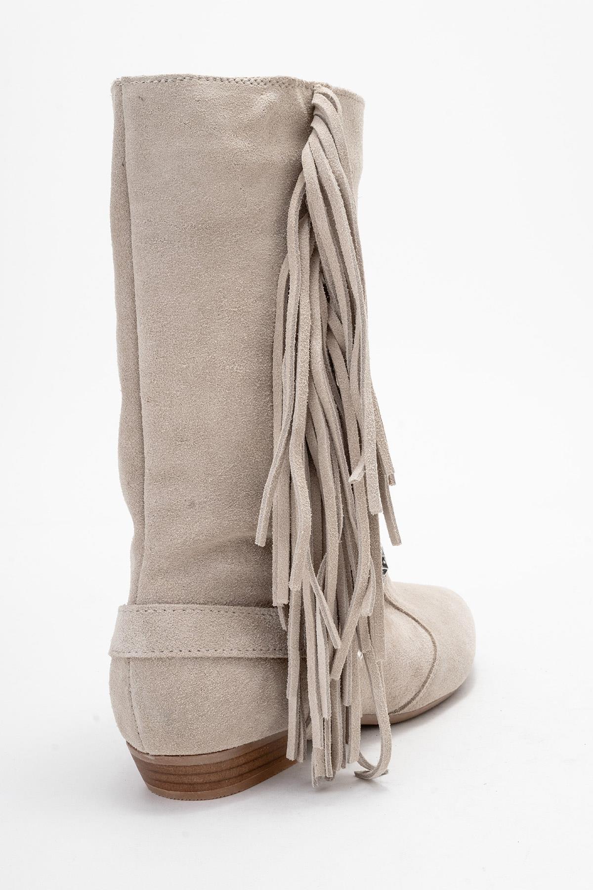 Selora - Beige Suede Genuine Leather Western Boot – back view showing leather, suede, Vowalisse