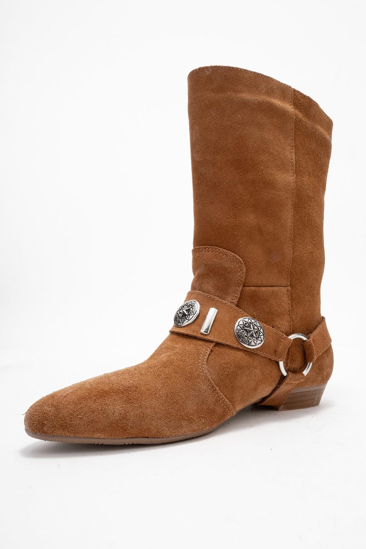 Selora - Cognac Suede Genuine Leather Western Boot – heel view showing leather, suede, Vowalisse