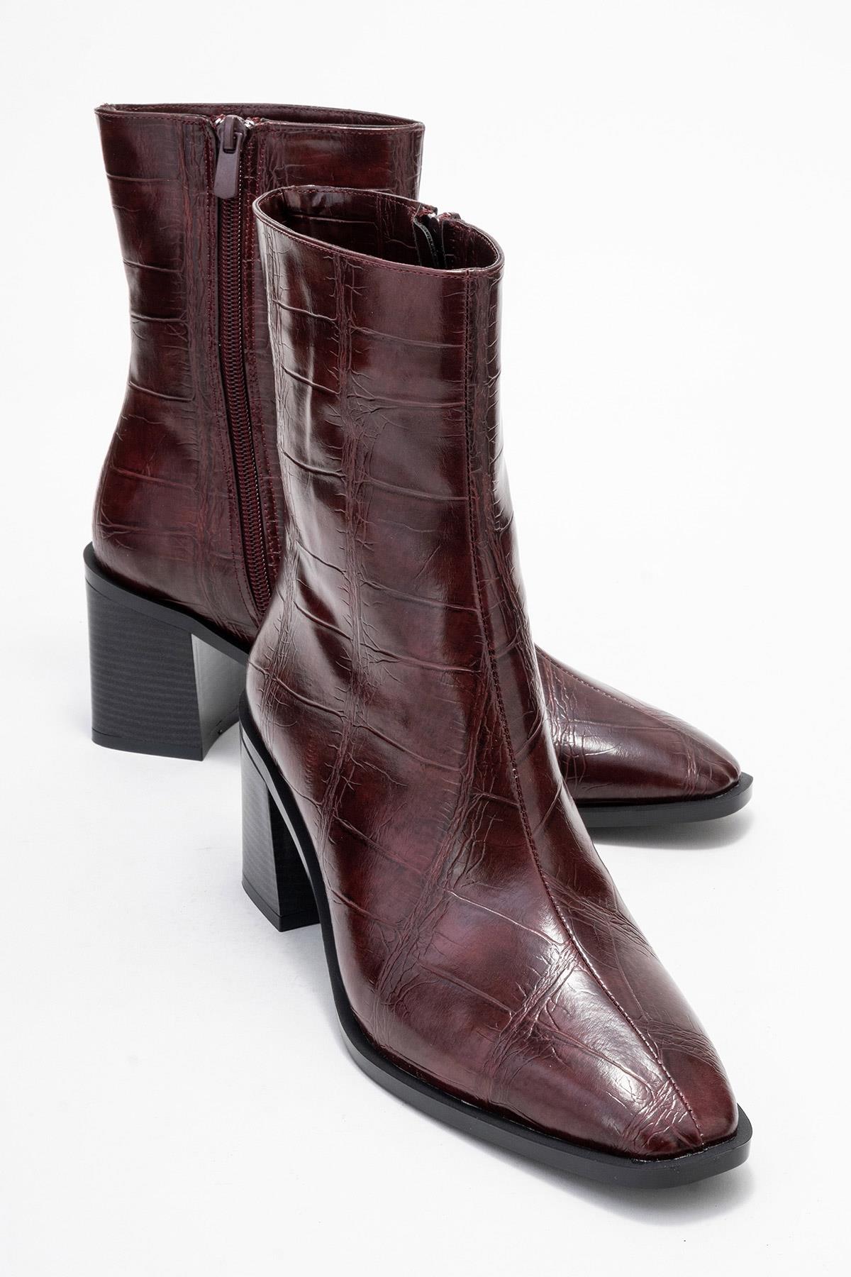 Chara - Burgundy Print Block Heel Ankle Boot – front three-quarter view showing leather, Vowalisse
