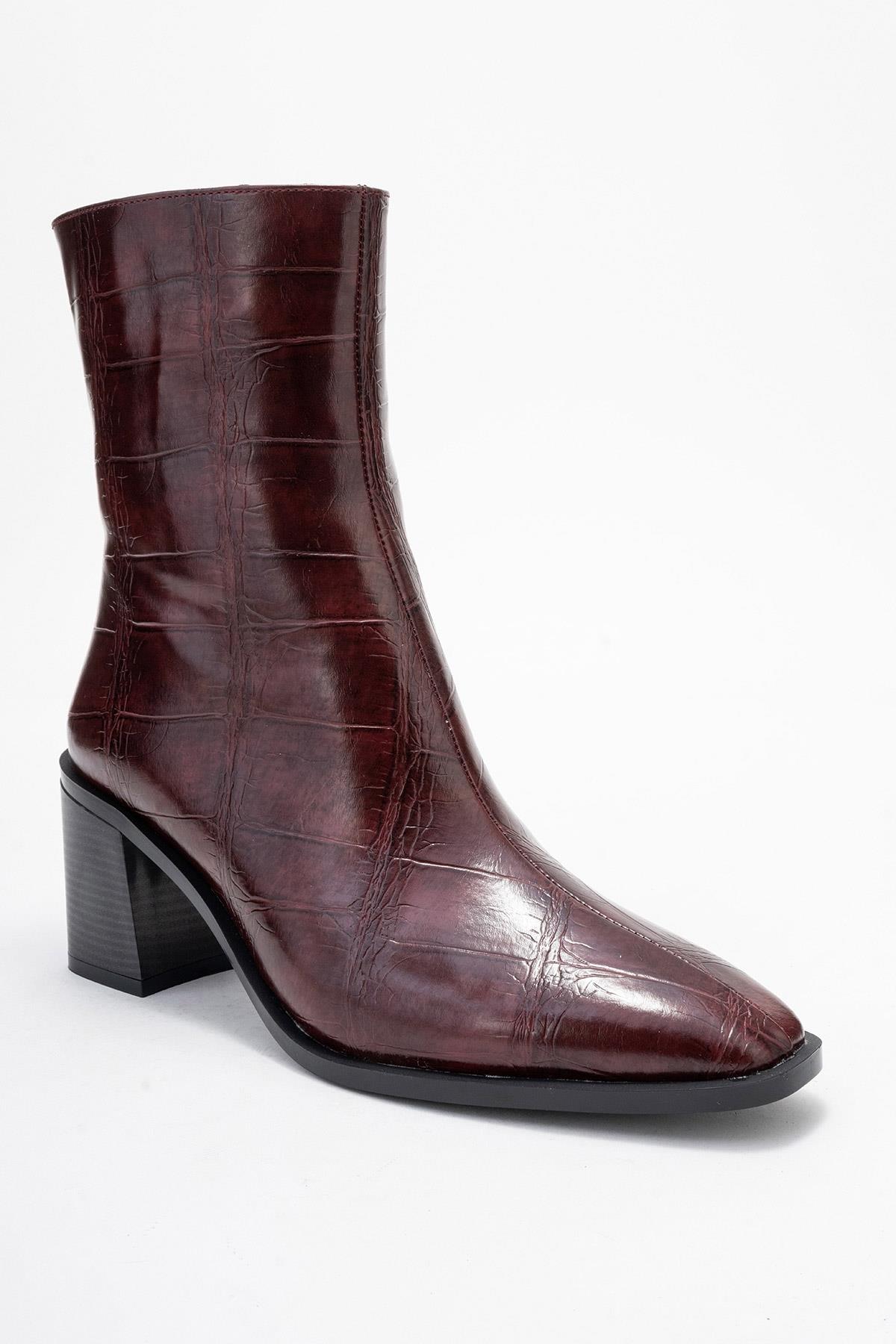 Chara - Burgundy Print Block Heel Ankle Boot – detail view showing leather, Vowalisse