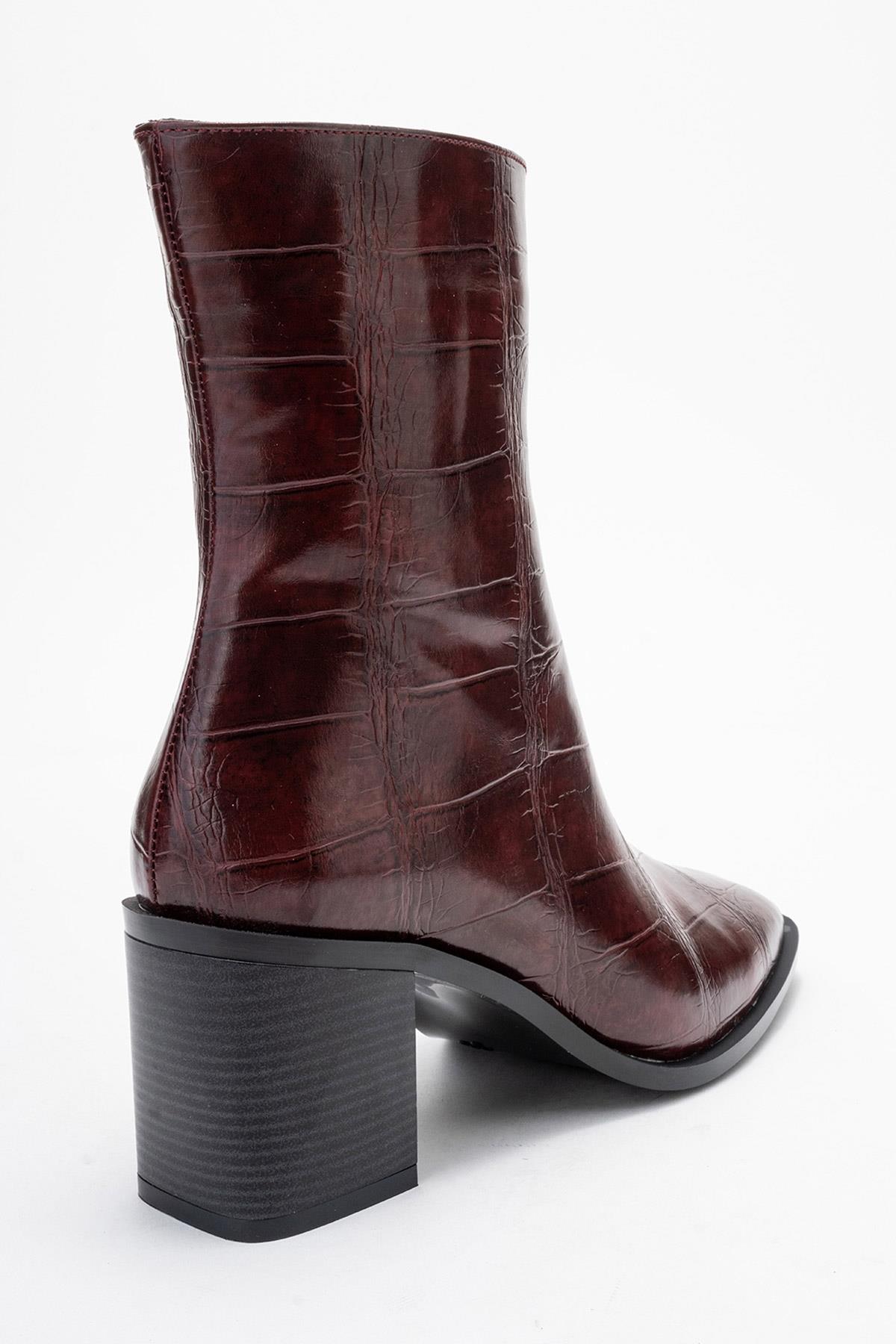 Chara - Burgundy Print Block Heel Ankle Boot – back view showing leather, Vowalisse