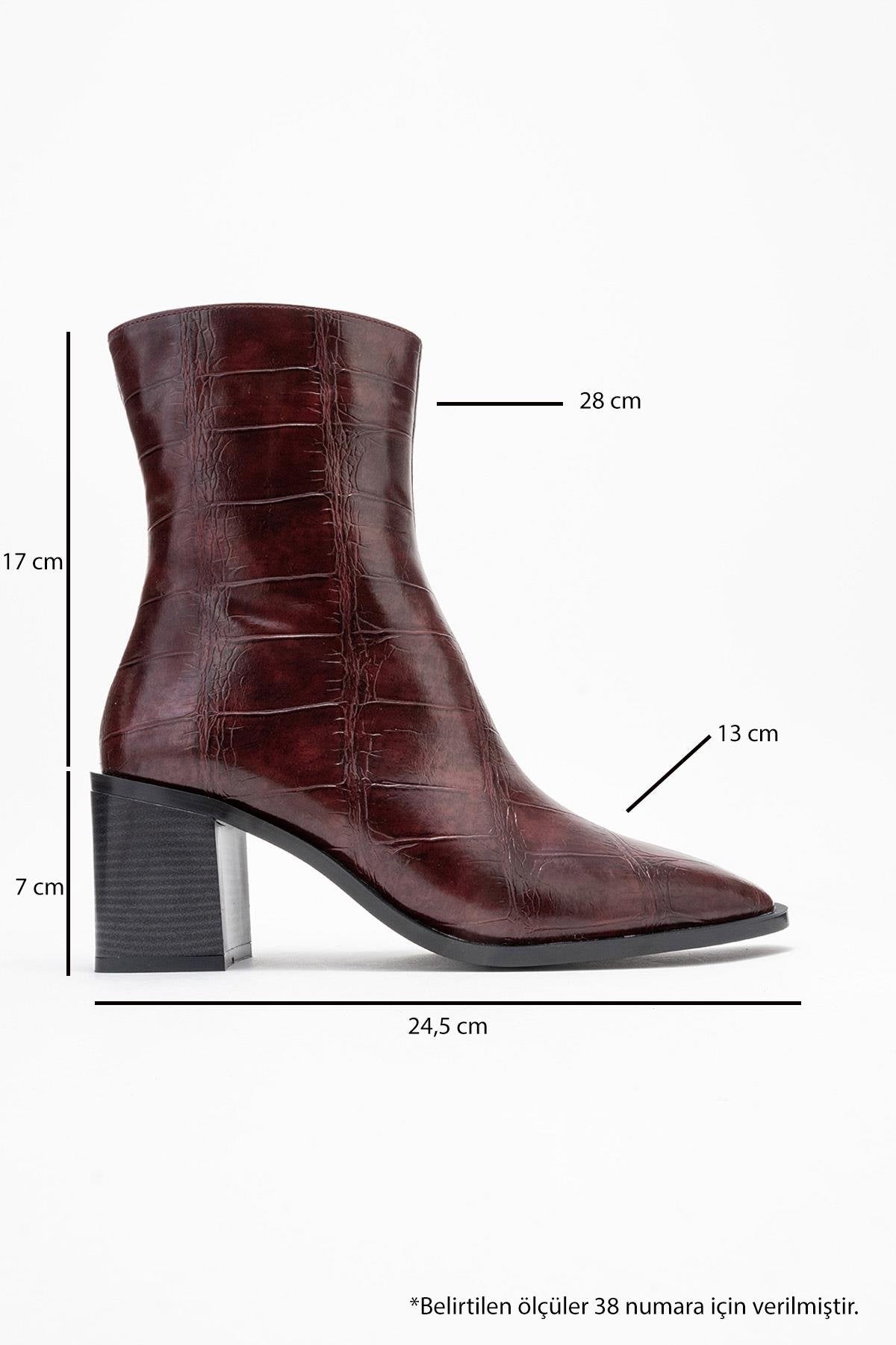 Chara - Burgundy Print Block Heel Ankle Boot – top view showing leather, Vowalisse