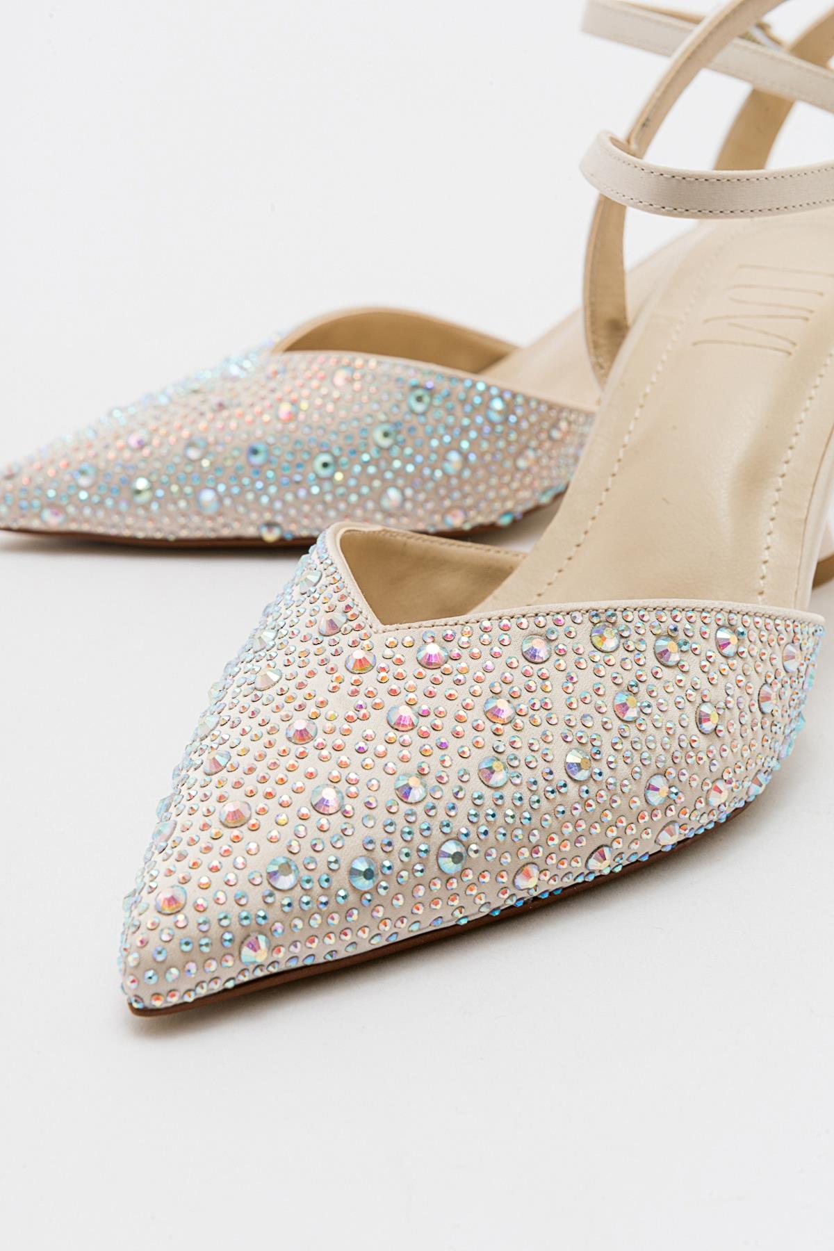 Vilka - Beige Sparkling Slingback Kitten Heels – side view showing leather, red, Vowalisse