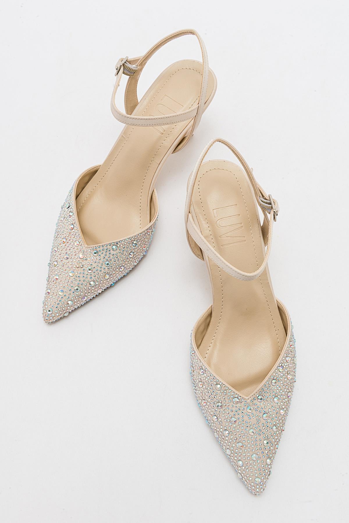 Vilka - Beige Sparkling Slingback Kitten Heels – detail view showing leather, red, Vowalisse