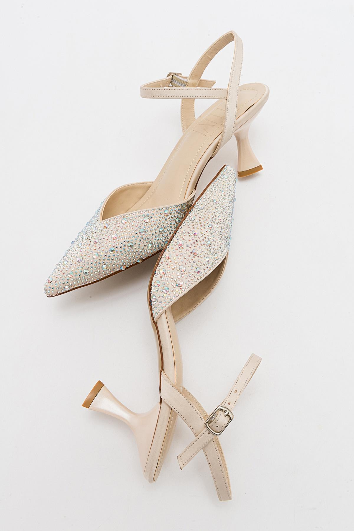Vilka - Beige Sparkling Slingback Kitten Heels – heel view showing leather, red, Vowalisse