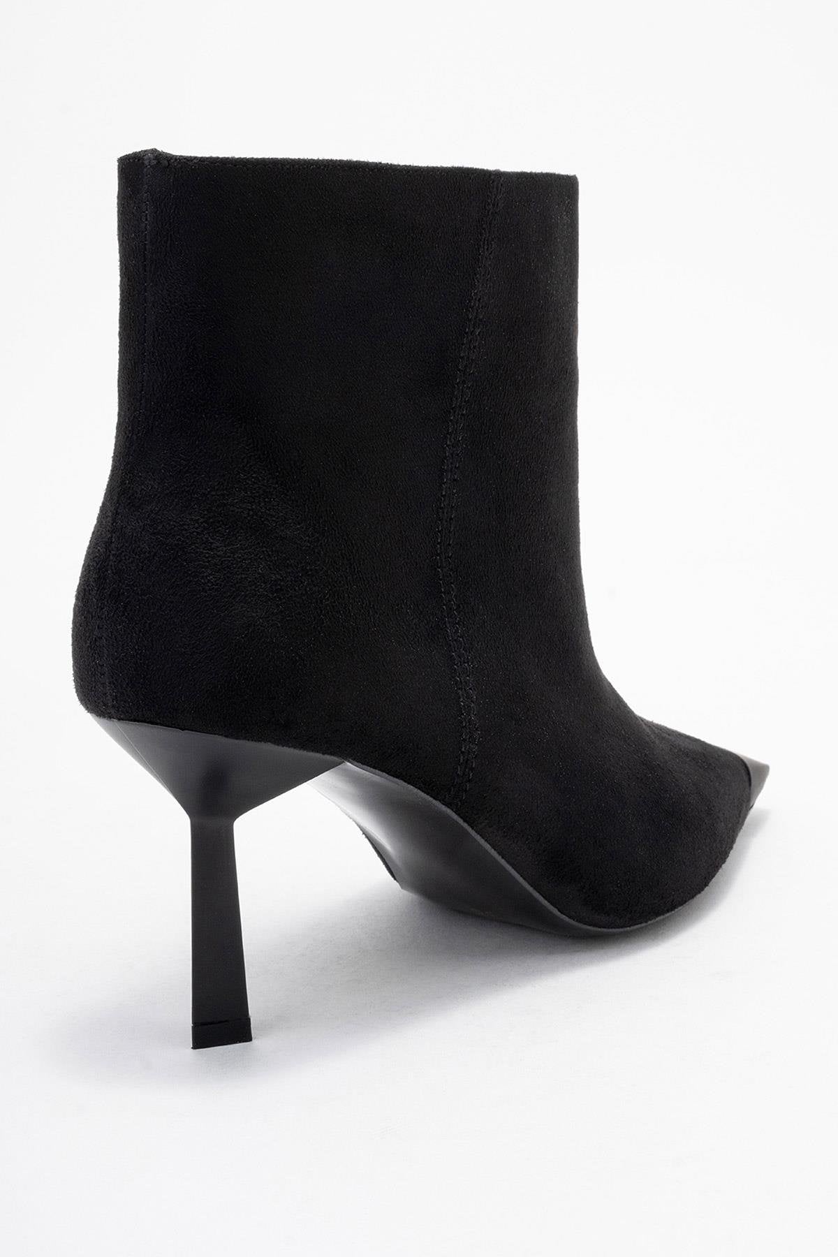 Rassel - Black Stiletto Heel Ankle Boot – back view showing suede, black, Vowalisse