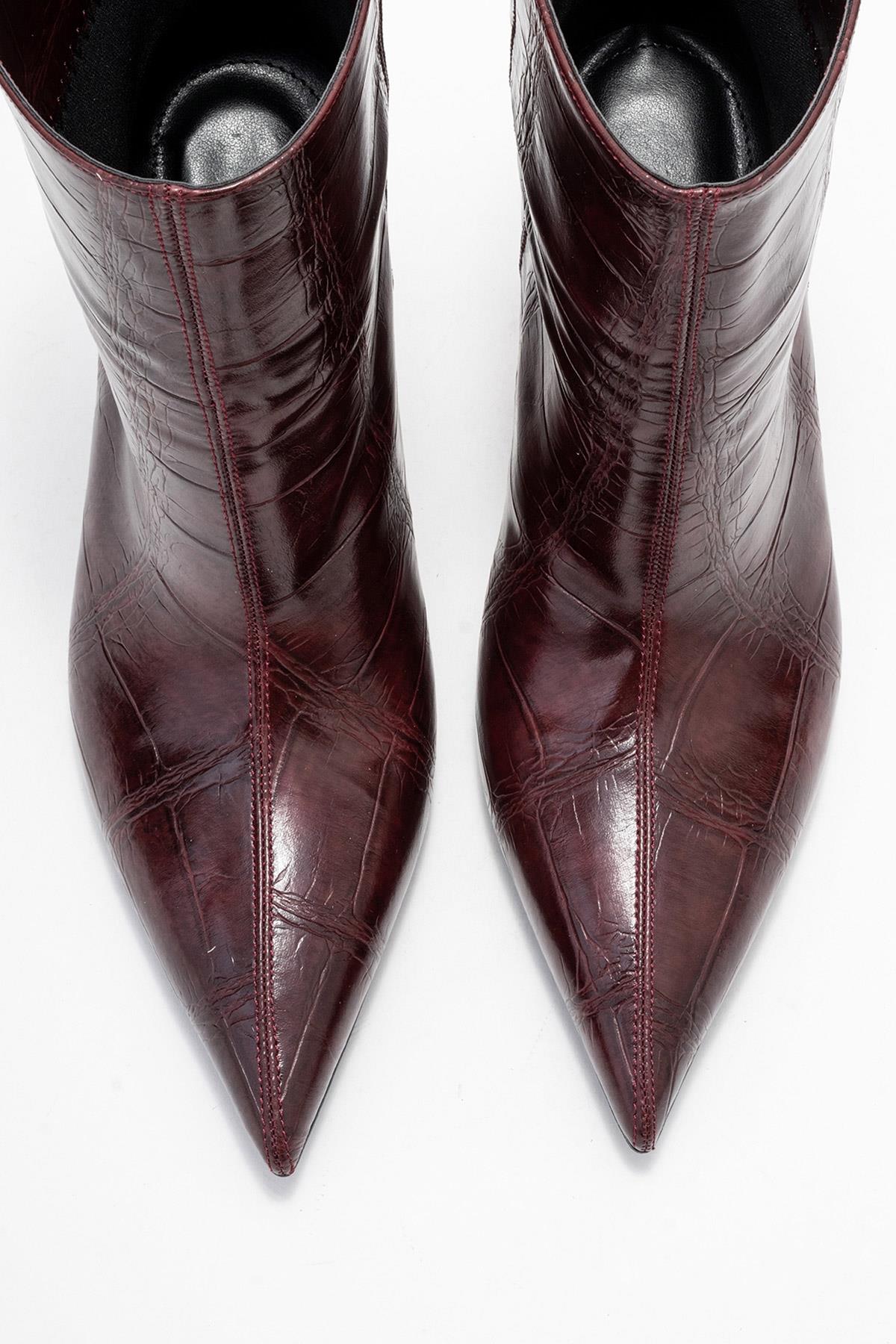 Brivelle - Burgundy Printed Pointed Toe Kitten Heel Boot – side view showing leather, Vowalisse