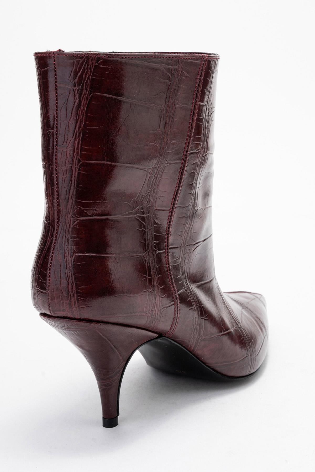 Brivelle - Burgundy Printed Pointed Toe Kitten Heel Boot – back view showing leather, Vowalisse