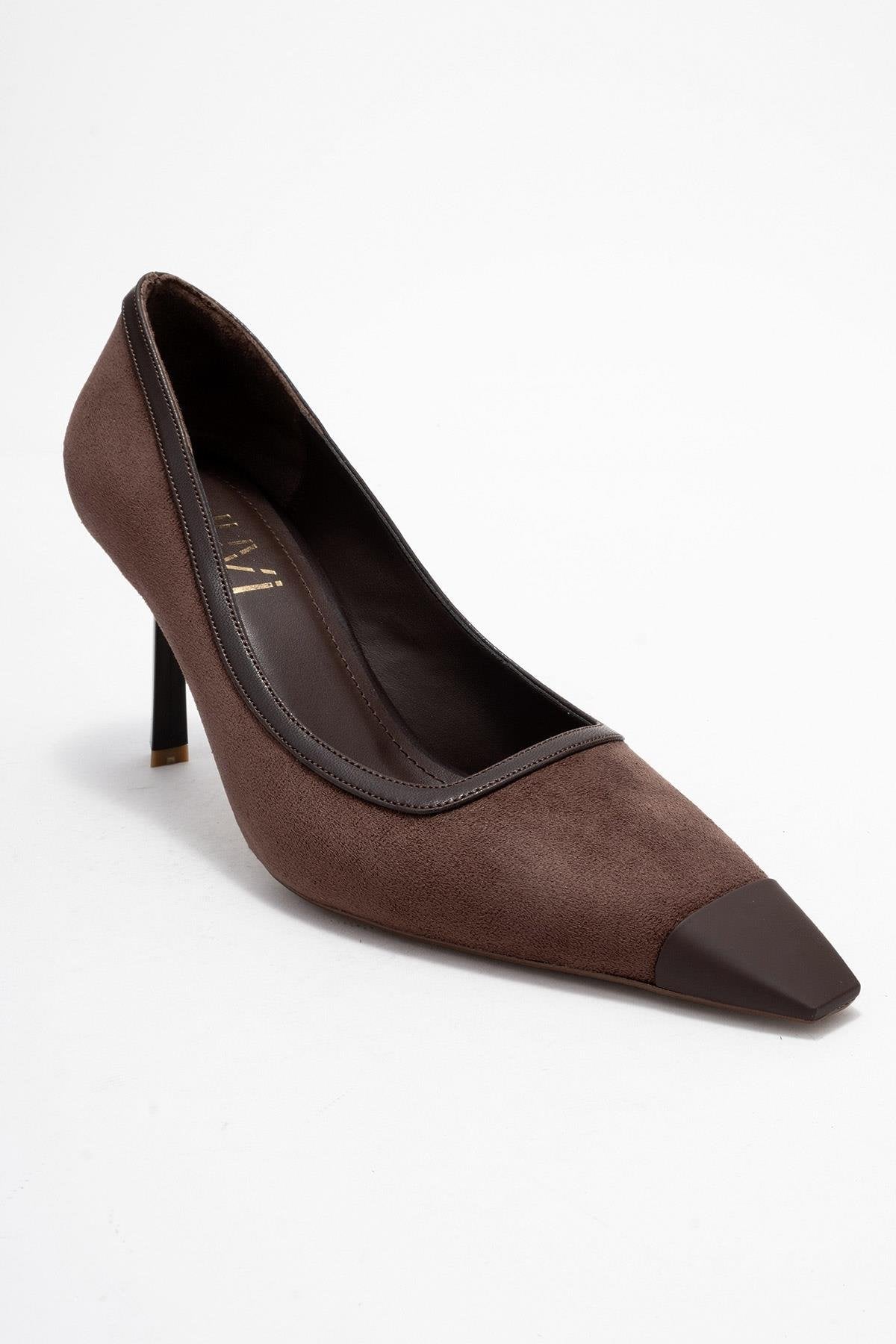 Rona - Brown Pointed Toe Pump – detail view showing leather, suede, Vowalisse
