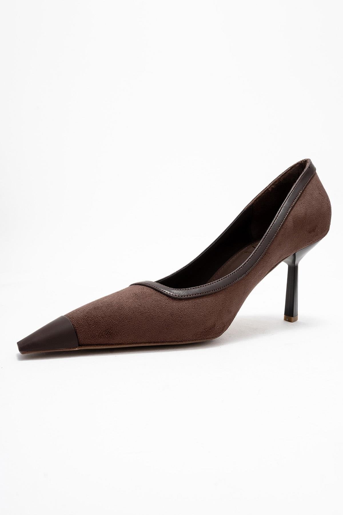 Rona - Brown Pointed Toe Pump – heel view showing leather, suede, Vowalisse