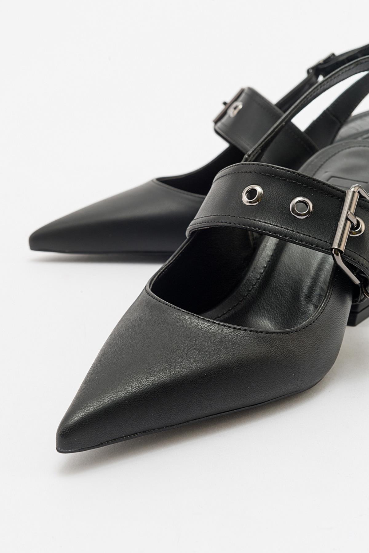 Nepido - Black Pointed Toe Open Back Chunky Heel Shoe – side view showing leather, black, Vowalisse