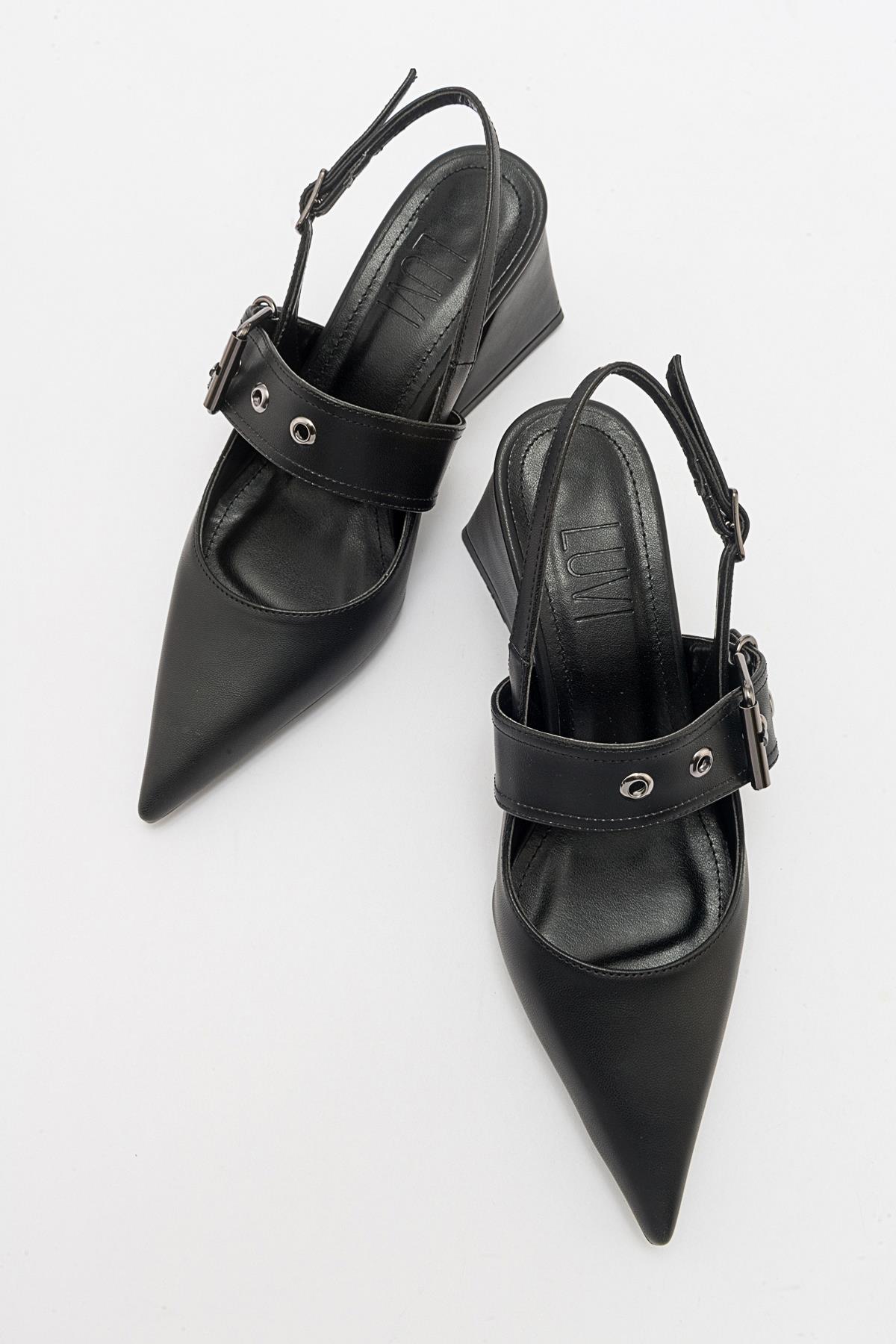 Nepido - Black Pointed Toe Open Back Chunky Heel Shoe – heel view showing leather, black, Vowalisse