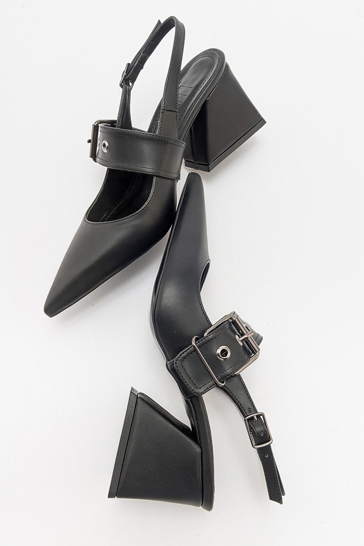 Nepido - Black Pointed Toe Open Back Chunky Heel Shoe – back view showing leather, black, Vowalisse