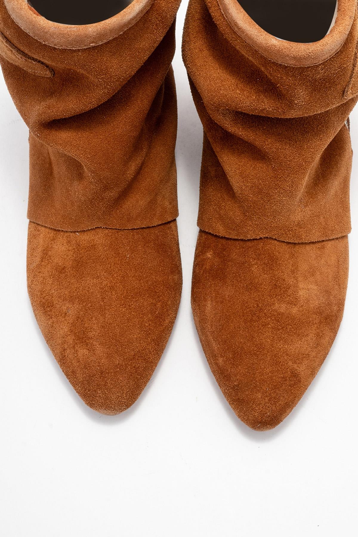 Noar - Cognac Genuine Leather Ruched Zip Boot – side view showing leather, suede, Vowalisse