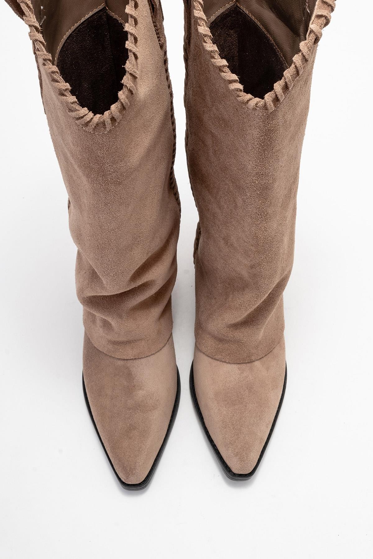 Tyler - Mocha Genuine Leather Stitched Western Boot – side view showing leather, Vowalisse