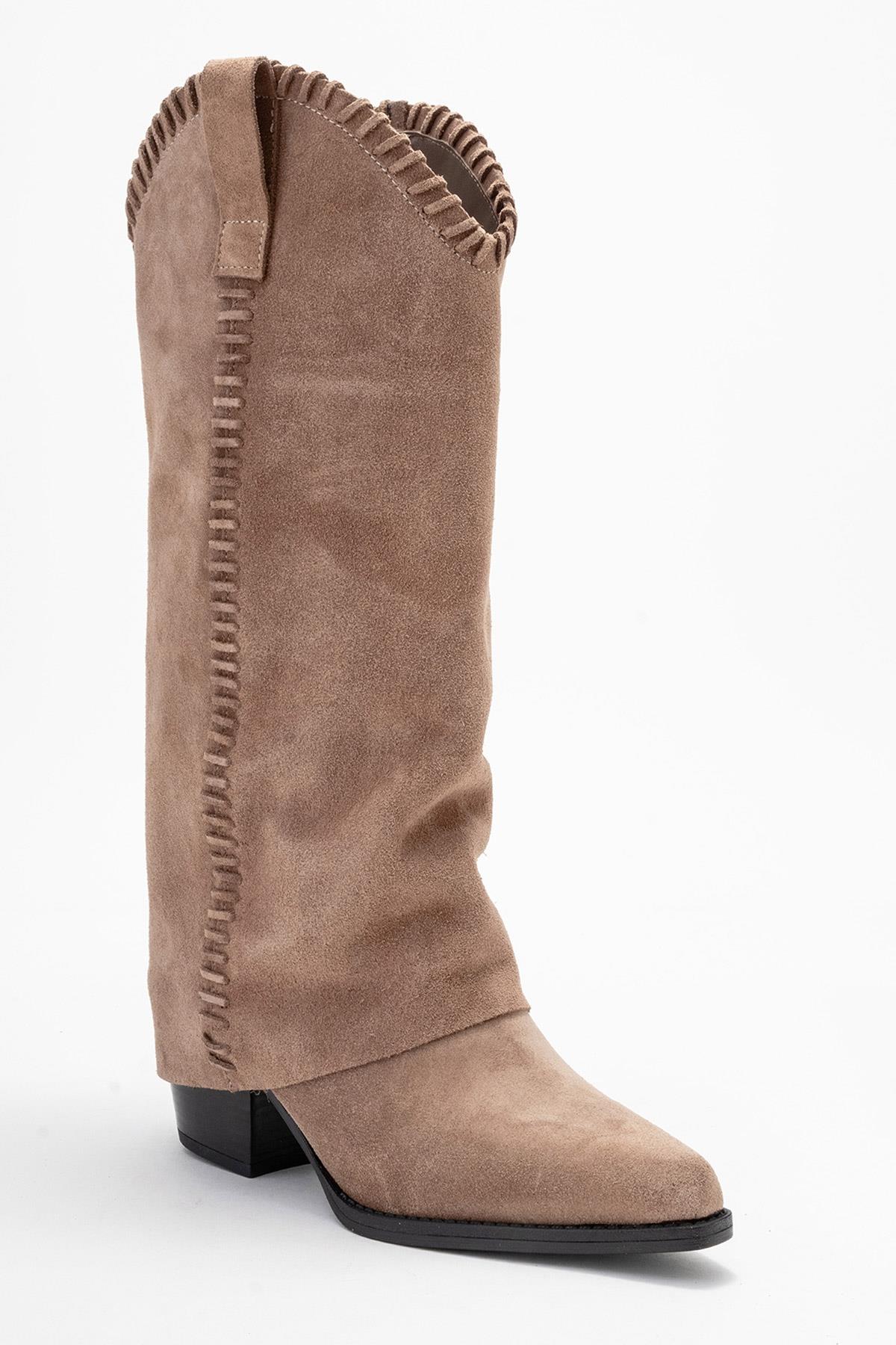 Tyler - Mocha Genuine Leather Stitched Western Boot – detail view showing leather, Vowalisse
