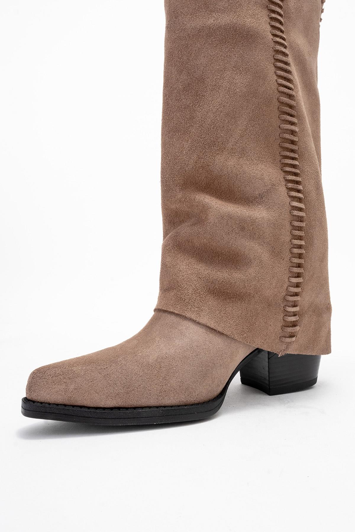 Tyler - Mocha Genuine Leather Stitched Western Boot – heel view showing leather, Vowalisse