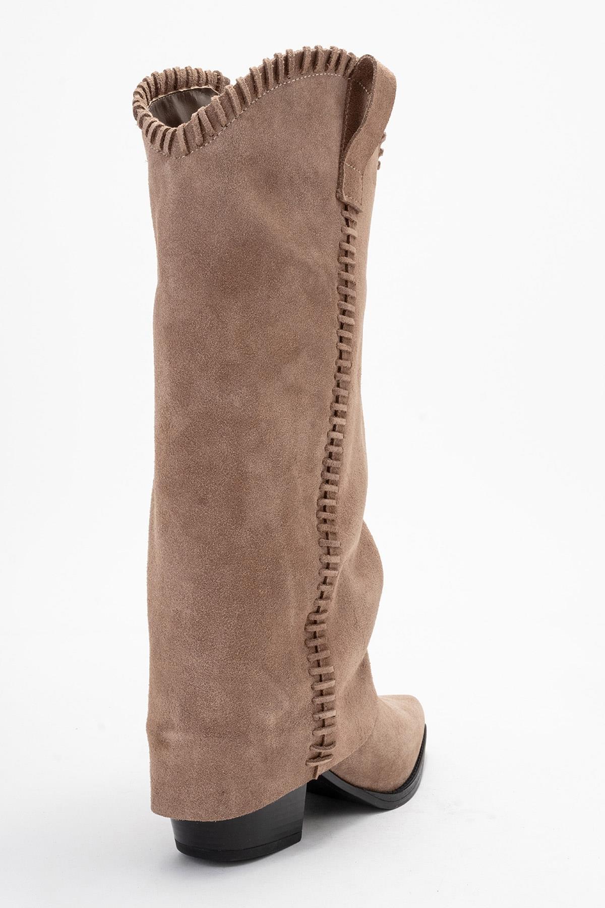 Tyler - Mocha Genuine Leather Stitched Western Boot – back view showing leather, Vowalisse