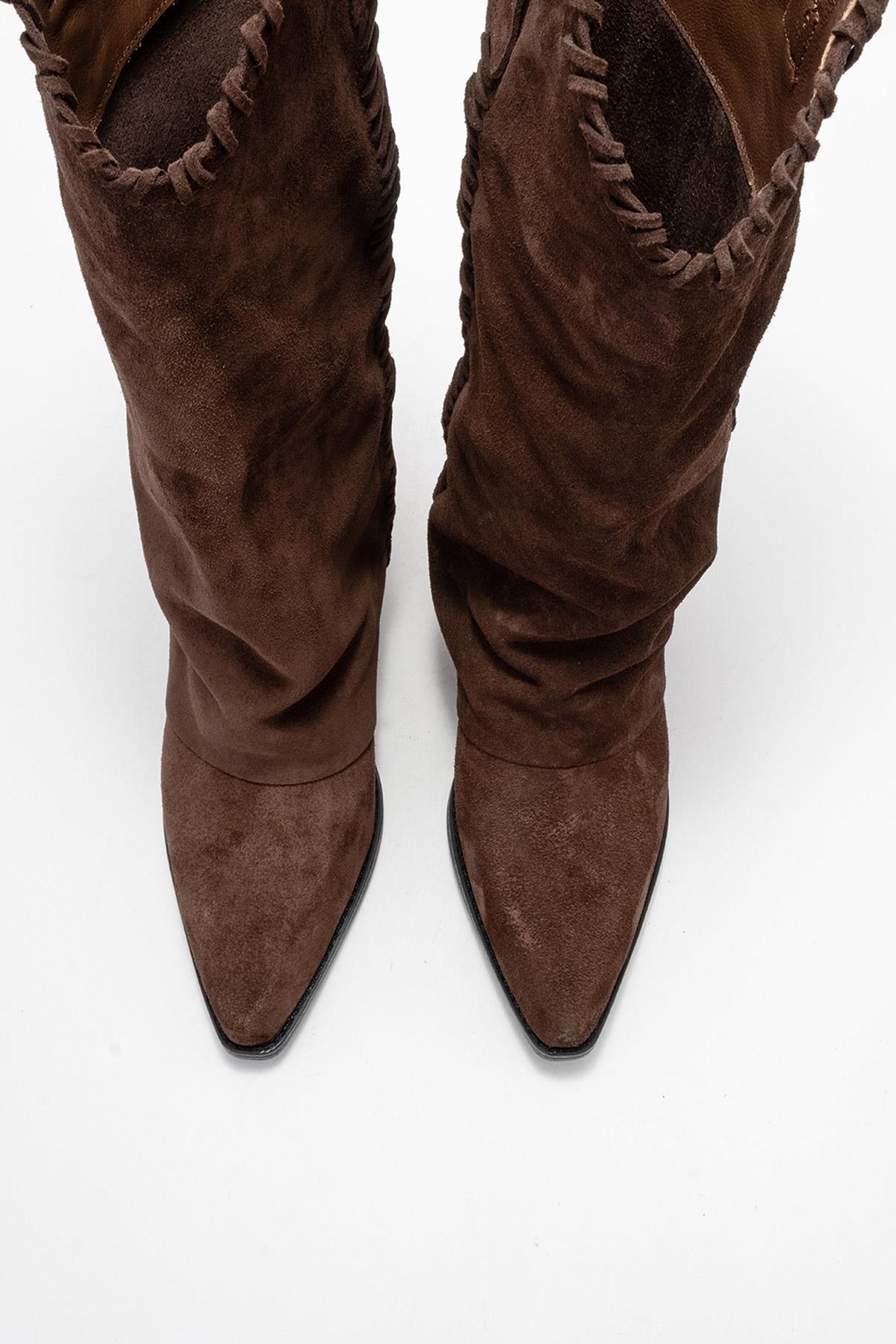 Tyler - Cognac Suede Genuine Leather Western Boot – side view showing leather, suede, Vowalisse
