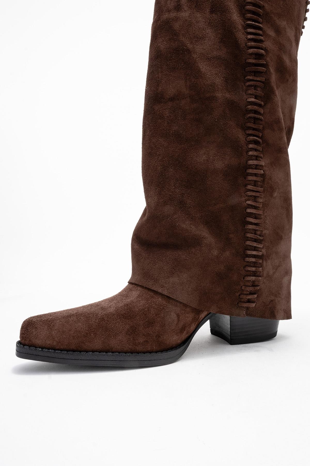 Tyler - Cognac Suede Genuine Leather Western Boot – heel view showing leather, suede, Vowalisse