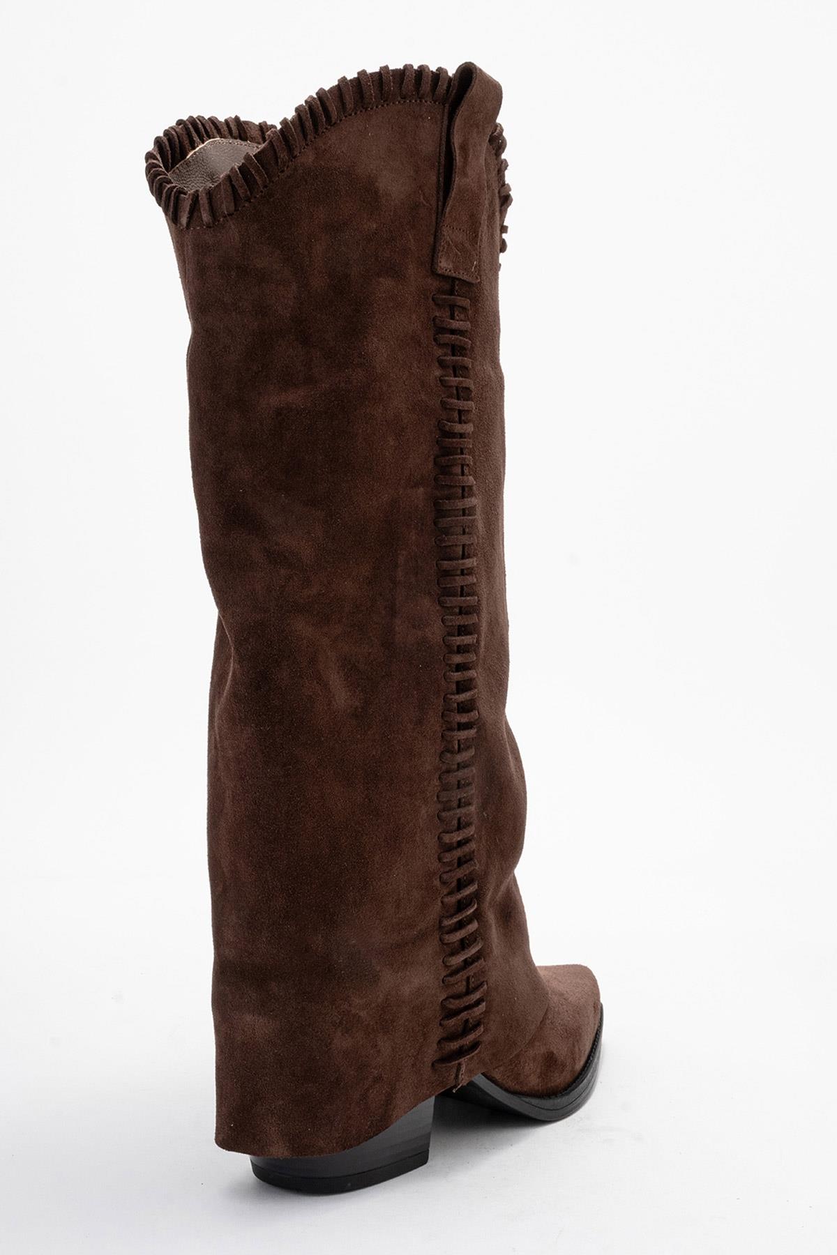 Tyler - Cognac Suede Genuine Leather Western Boot – back view showing leather, suede, Vowalisse