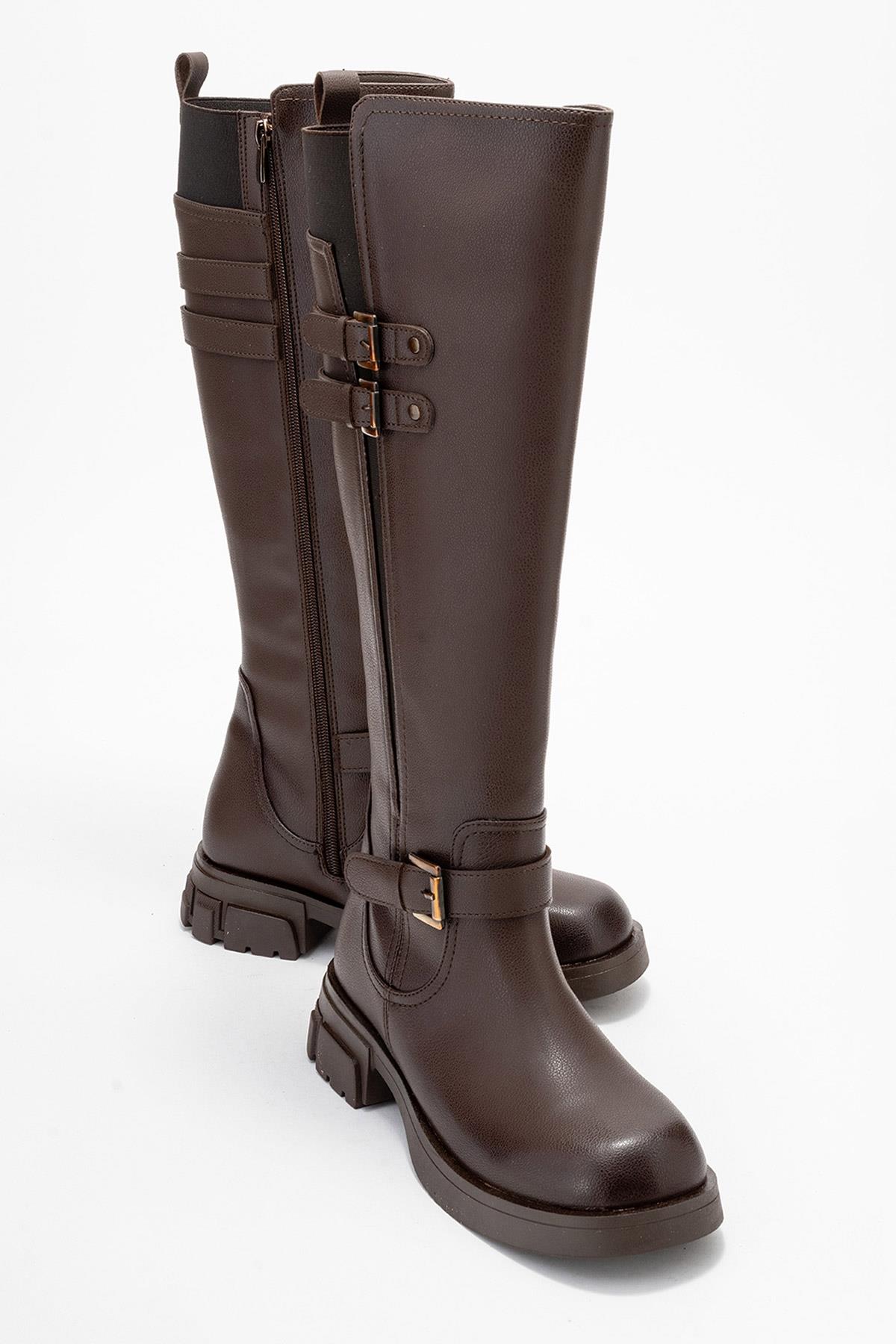 Sia - Cognac Stretch-Panel Flat Knee-High Boot – front three-quarter view showing leather, Vowalisse