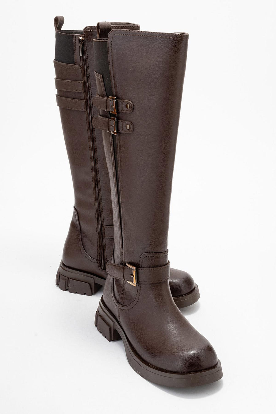 Sia - Cognac Stretch-Panel Flat Knee-High Boot