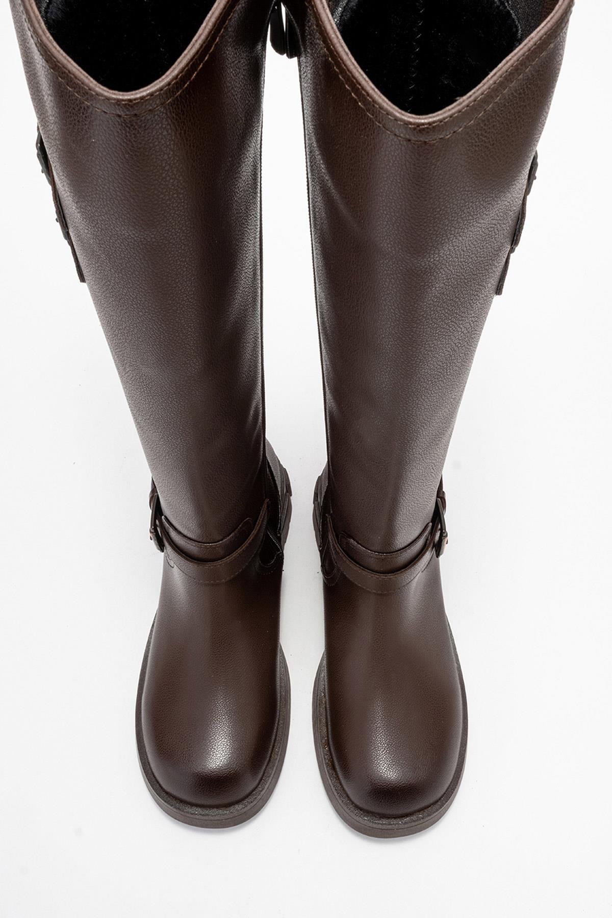 Sia - Cognac Stretch-Panel Flat Knee-High Boot – side view showing leather, Vowalisse