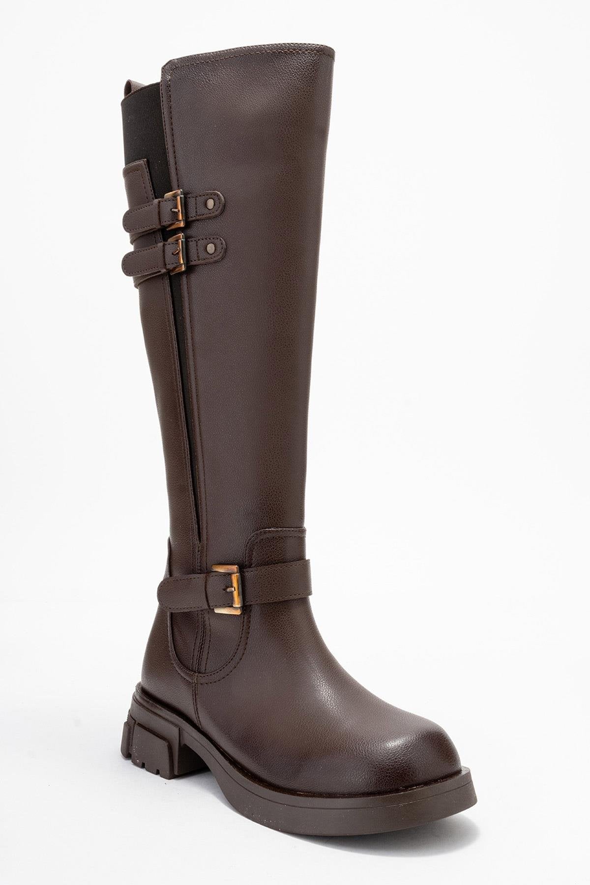 Sia - Cognac Stretch-Panel Flat Knee-High Boot – detail view showing leather, Vowalisse