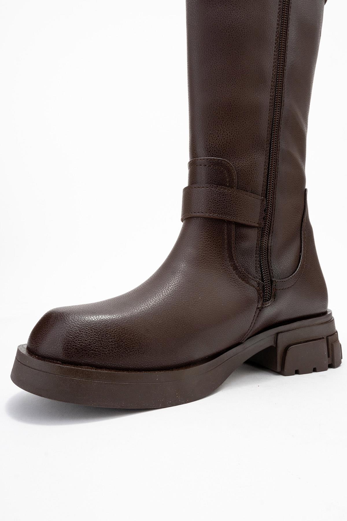 Sia - Cognac Stretch-Panel Flat Knee-High Boot – heel view showing leather, Vowalisse