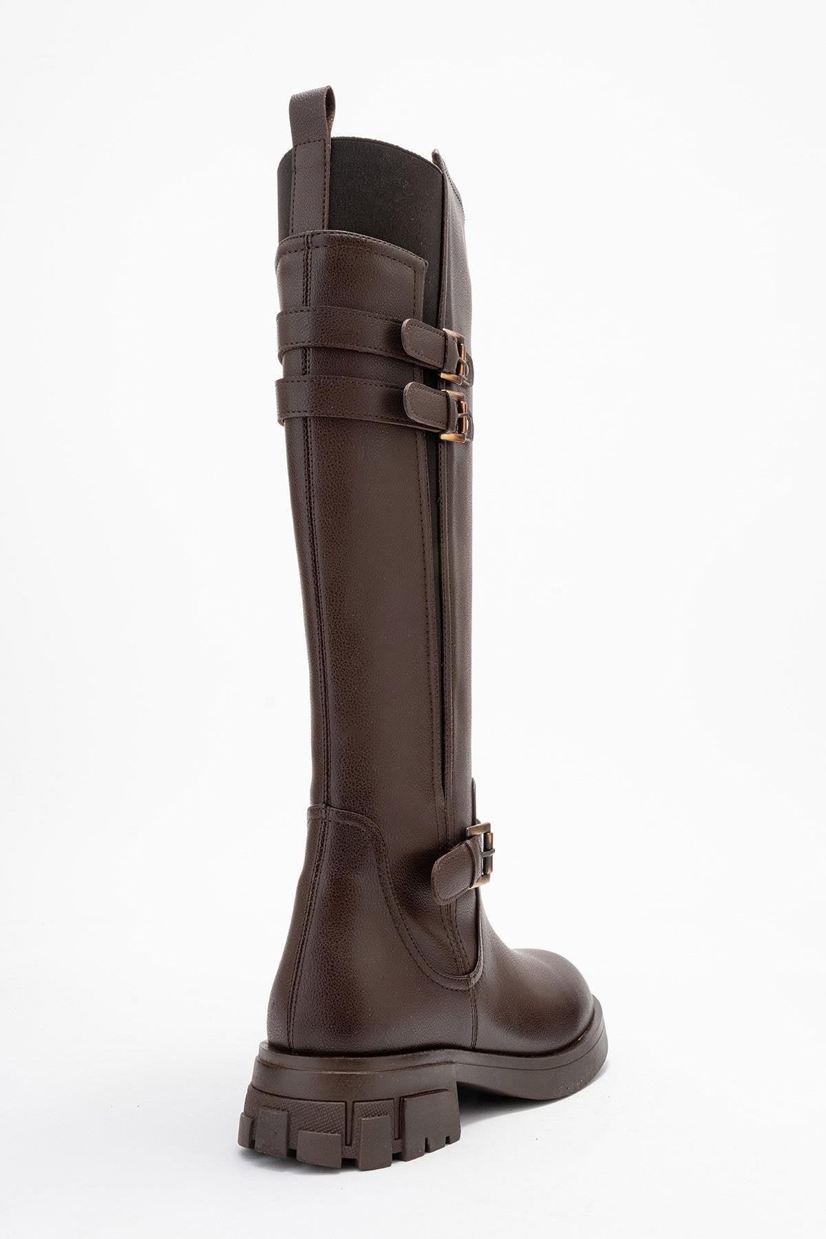 Sia - Cognac Stretch-Panel Flat Knee-High Boot – back view showing leather, Vowalisse