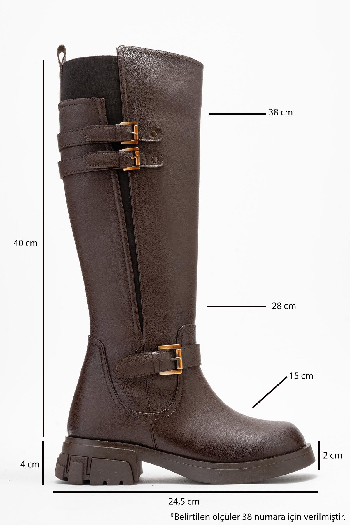 Sia - Cognac Stretch-Panel Flat Knee-High Boot – top view showing leather, Vowalisse