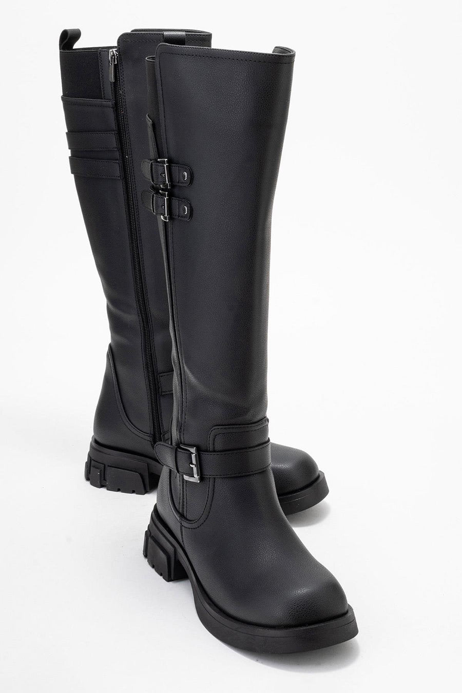 Sia - Black Stretch-Panel Flat Knee-High Boot