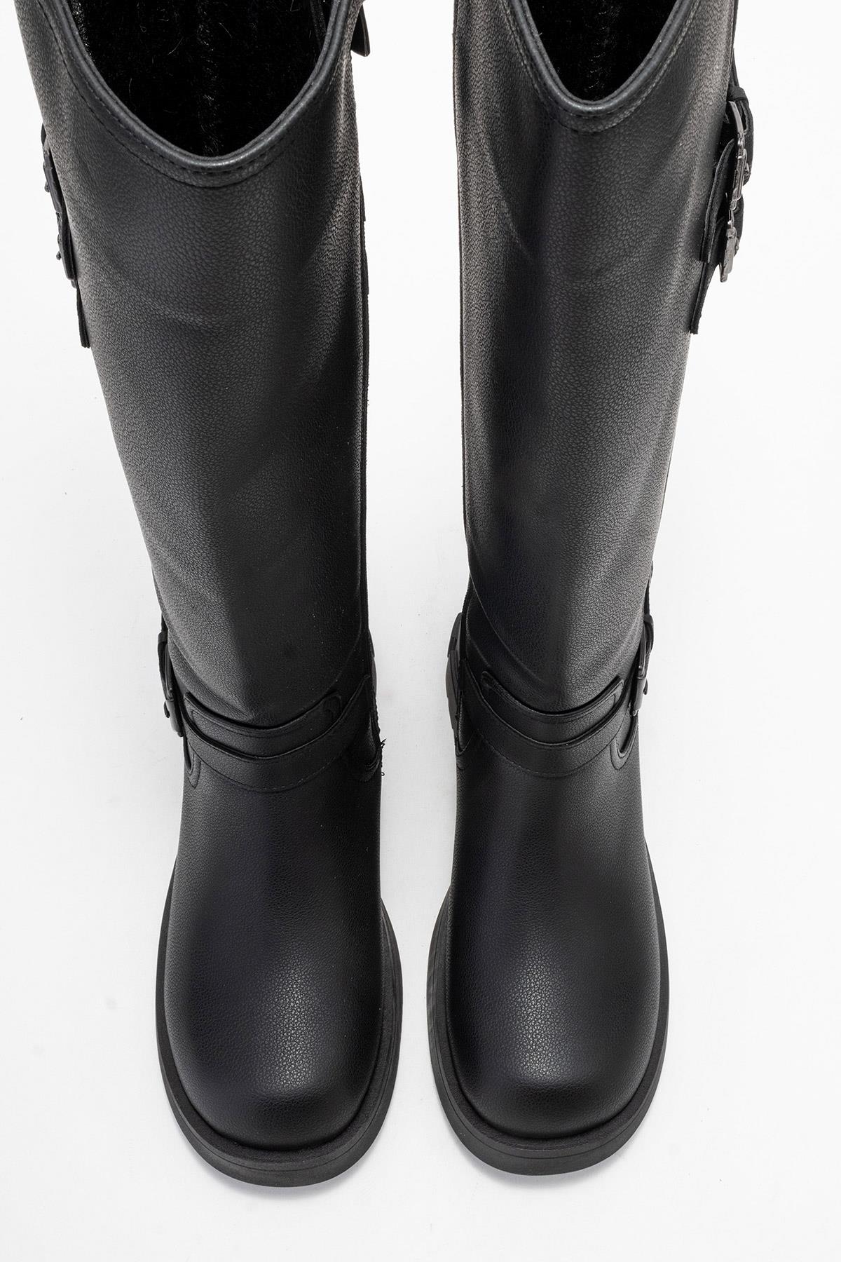Sia - Black Stretch-Panel Flat Knee-High Boot – side view showing leather, black, red, Vowalisse