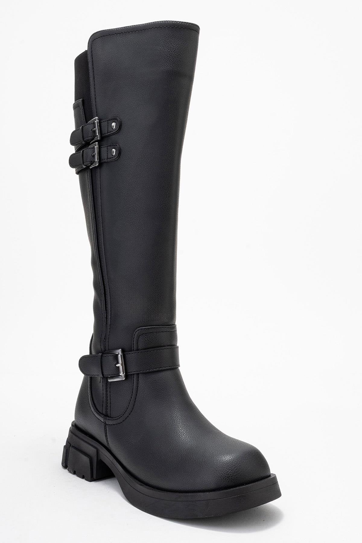 Sia - Black Stretch-Panel Flat Knee-High Boot – detail view showing leather, black, red, Vowalisse