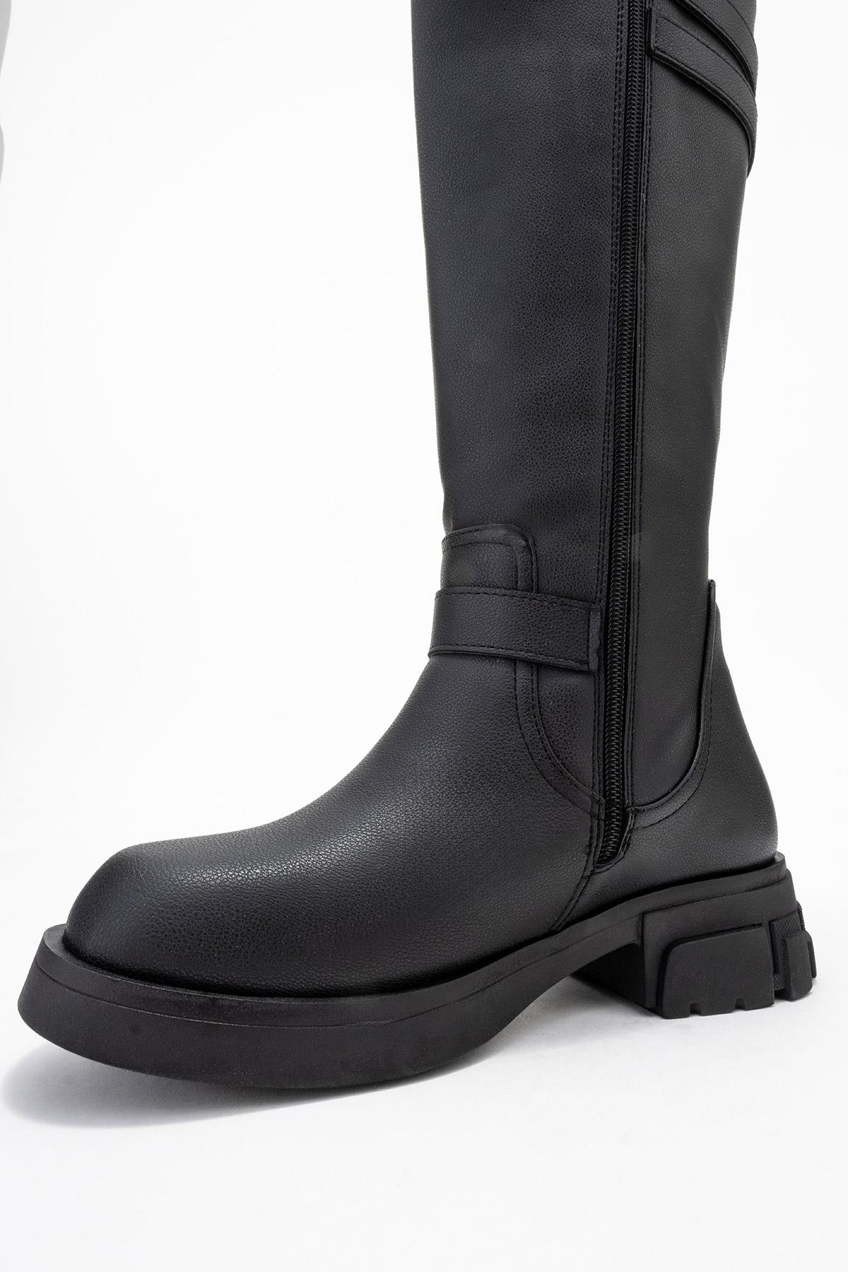 Sia - Black Stretch-Panel Flat Knee-High Boot – heel view showing leather, black, red, Vowalisse