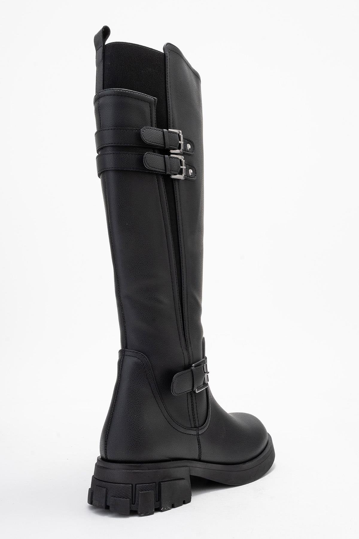 Sia - Black Stretch-Panel Flat Knee-High Boot – back view showing leather, black, red, Vowalisse
