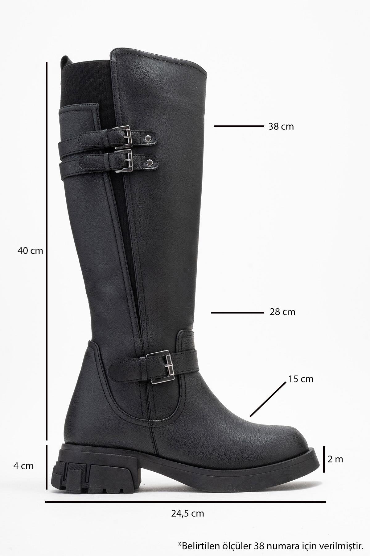 Sia - Black Stretch-Panel Flat Knee-High Boot – top view showing leather, black, red, Vowalisse