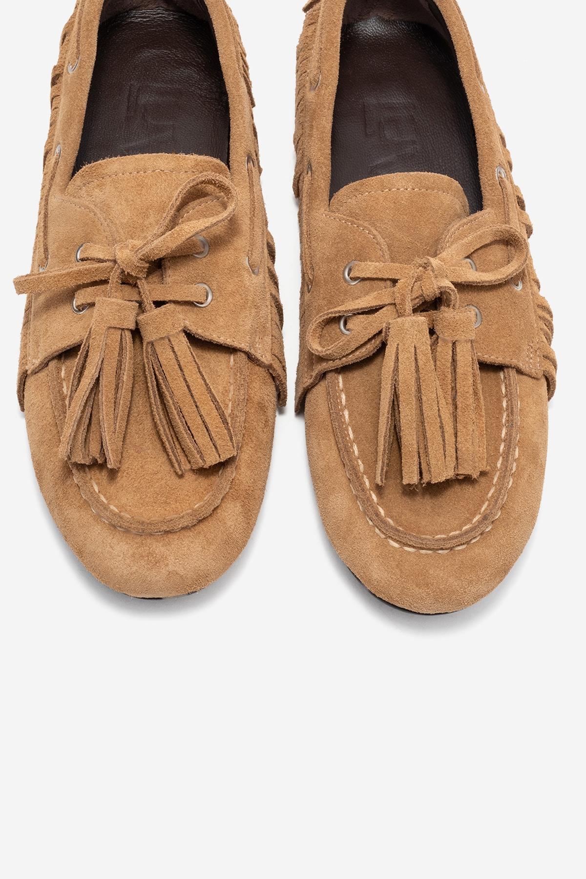 Fenora - Taupe Suede Genuine Leather Fringe Tassel Loafer – side view showing leather, suede, Vowalisse