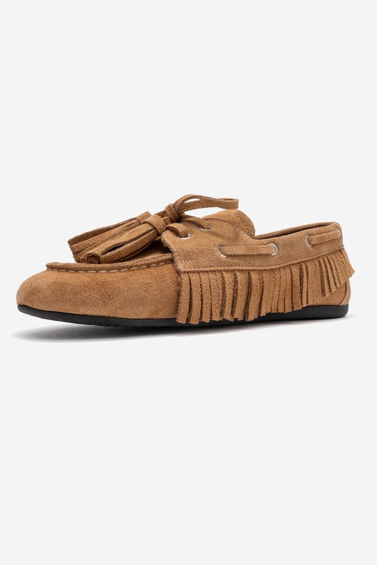 Fenora - Taupe Suede Genuine Leather Fringe Tassel Loafer – heel view showing leather, suede, Vowalisse