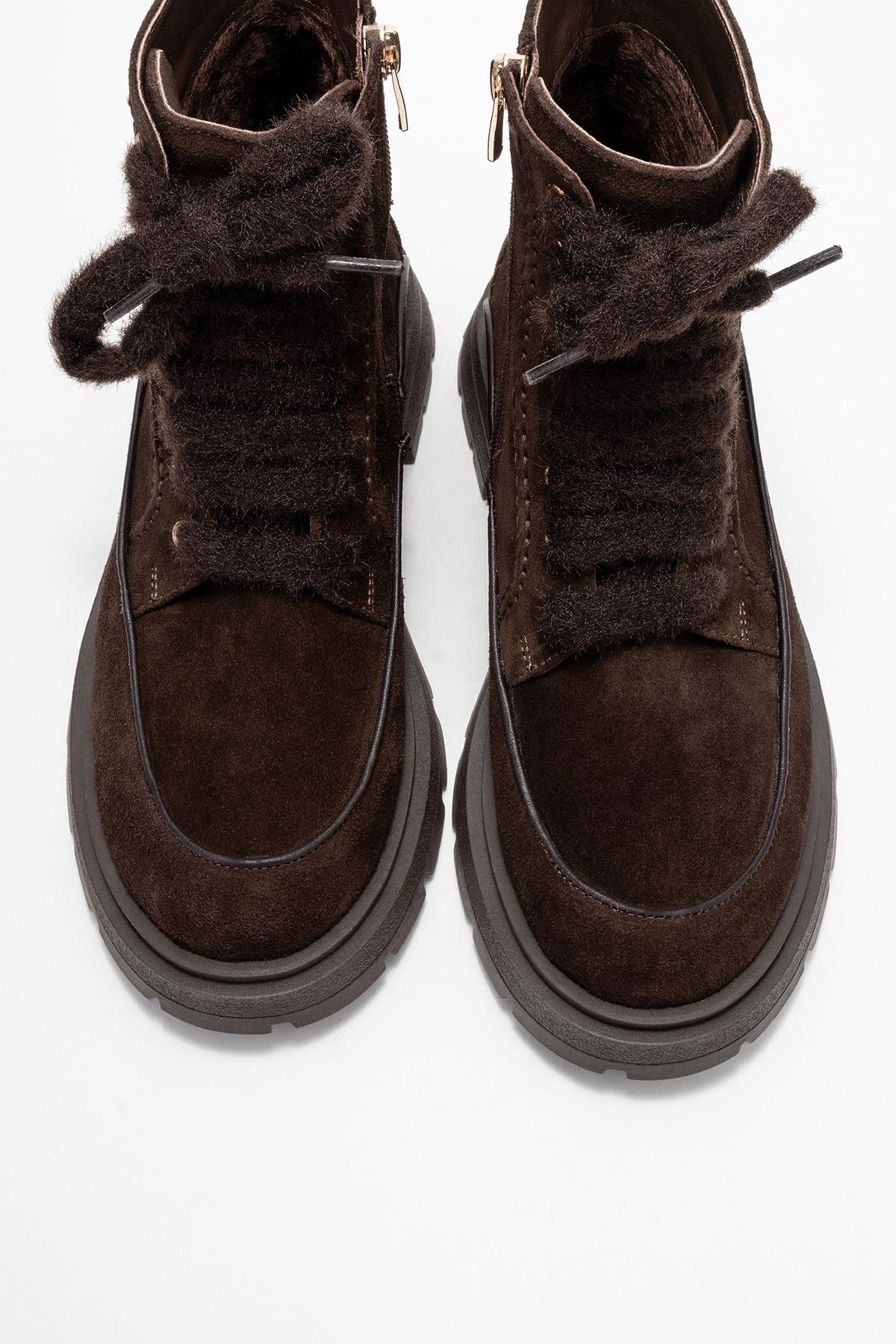 Mina - Brown Genuine Leather Combat Boot – side view showing leather, suede, Vowalisse