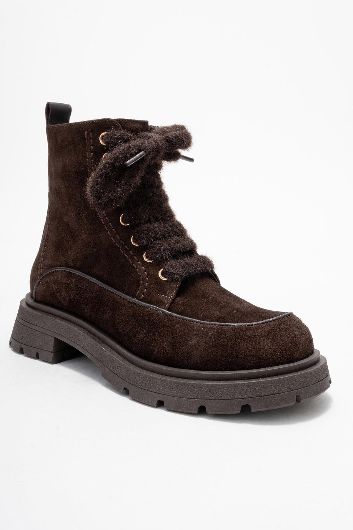 Mina - Brown Genuine Leather Combat Boot – detail view showing leather, suede, Vowalisse